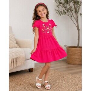 Lucky Penny Girls Size 5 Pink Ribbed Dress Floral Butterfly Embroidered Comfort